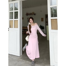 批发实价实拍韩系粉色吊带连衣裙女夏季显瘦长裙子防晒罩衫两件套套装