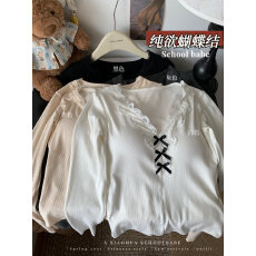 批发实价实拍<b class='q'>甜美</b>风蕾丝花边长袖T恤女装秋季减龄立体蝴蝶结内搭上衣