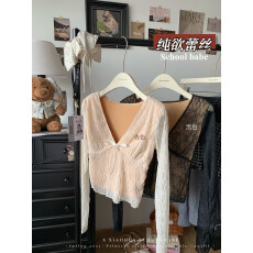 批发实价实拍辣妹风V领系带蕾丝长袖T恤女装秋季新款减龄显瘦别致上衣