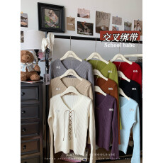 批发实价实拍设计感交叉绑带v领针织衫女<b class='q'>韩版</b>下摆开衩修身<b class='q'>打底衫</b>上衣