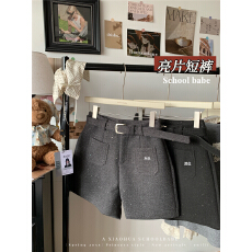 批发实价实拍秋<b class='q'>冬</b>新款复古高腰亮片毛呢短裤女显瘦外穿阔腿裤配腰带