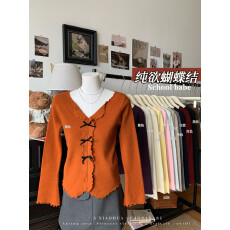 批发实价实拍 女装2025新款韩系秋季木耳边<b class='q'>翻领</b>蝴蝶结针织衫女