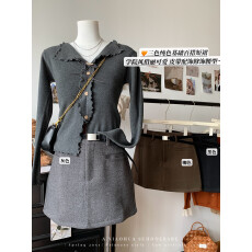 批发实价实拍学院风复古高腰毛呢半身灰色高腰防走光A字裙包臀裙短裙