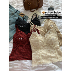 批发实价实拍咖色蕾丝吊带背心秋<b class='q'>冬</b>文胸一体内搭带胸垫短款打底上衣