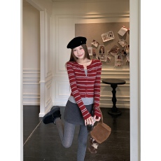 批发实价实拍韩式条纹假两件针织开衫女圆领单排扣百搭减龄毛衣上衣