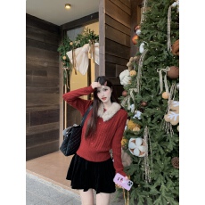 批发实价实拍圣诞新年红韩系简约气质百搭显瘦可拆卸毛领麻花保暖毛衣