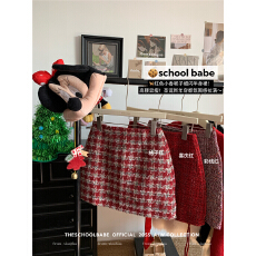 批发实价实拍新年红款小香风亮闪闪毛呢高腰A字<b class='q'>半身裙</b>拉链百搭短裙女