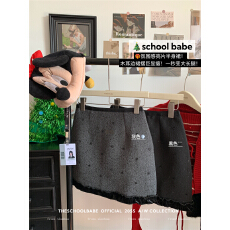 批发实价实拍灰色毛呢钉珠半身裙女2025秋<b class='q'>冬</b>高腰显瘦花边拼接A字短裙