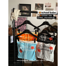 批发实价实拍2026春款！多巴胺蓝色字母印花抹胸背心修身显瘦吊带上衣