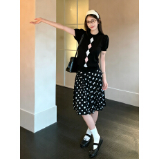 批发实价实拍 韩系高级感经典格调菱纹公主针织短袖<b class='q'>T</b><b class='q'>恤</b>上衣女波点<b class='q'>裙</b>子