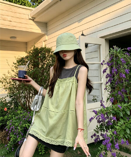 정가 실사 녹색 레이스 조각 슬립 미니멀리즘 몸매 가꾸기 민소매 투피스 조끼 여성 2026 여름 섹션