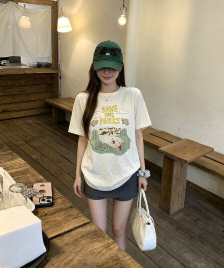 정가 실사 사설 서비스 프린트 tee 라운드 넥 긍정적 인 어깨 슈퍼 부드럽다 봄이 가득하다. 반팔 티셔츠 신제품