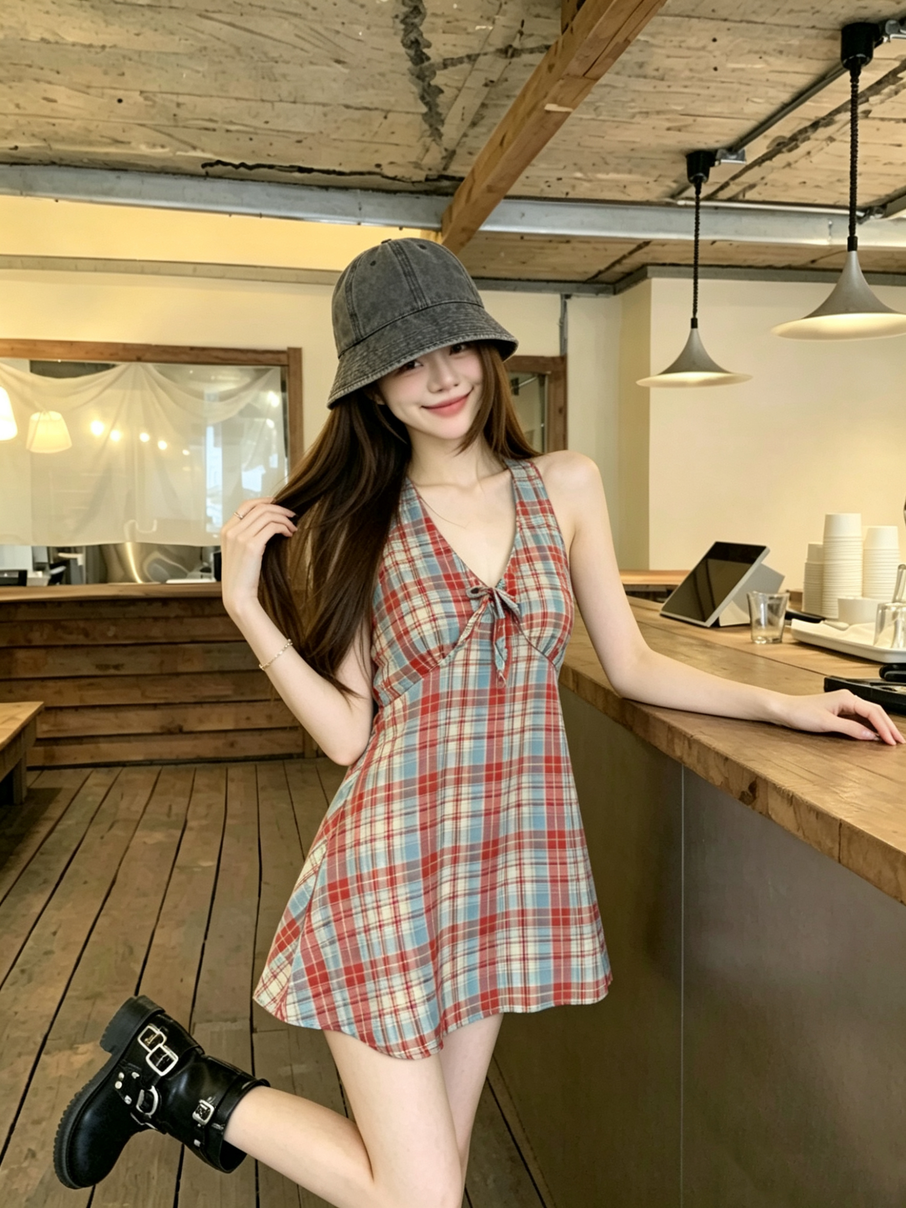 정가 실사 여름 프랑스식 고유 한 Chic 아름다운 체크무늬 행침 목 캐미솔 외출용 백리스 맨위