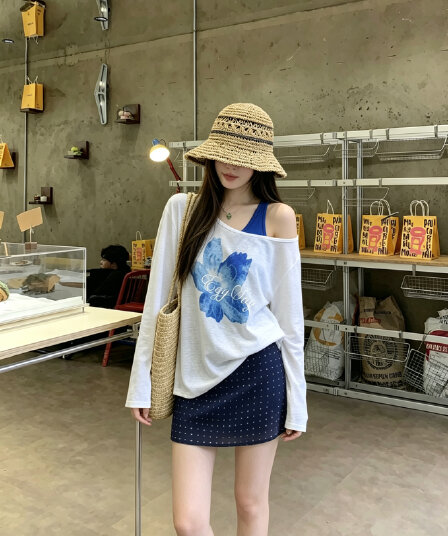 정가 실사 긴팔 자외선 차단 블라우스 여성 여름 투피스 조끼 한 부서 꽃 주간 실크 Tulle 비스듬한 어깨 의류