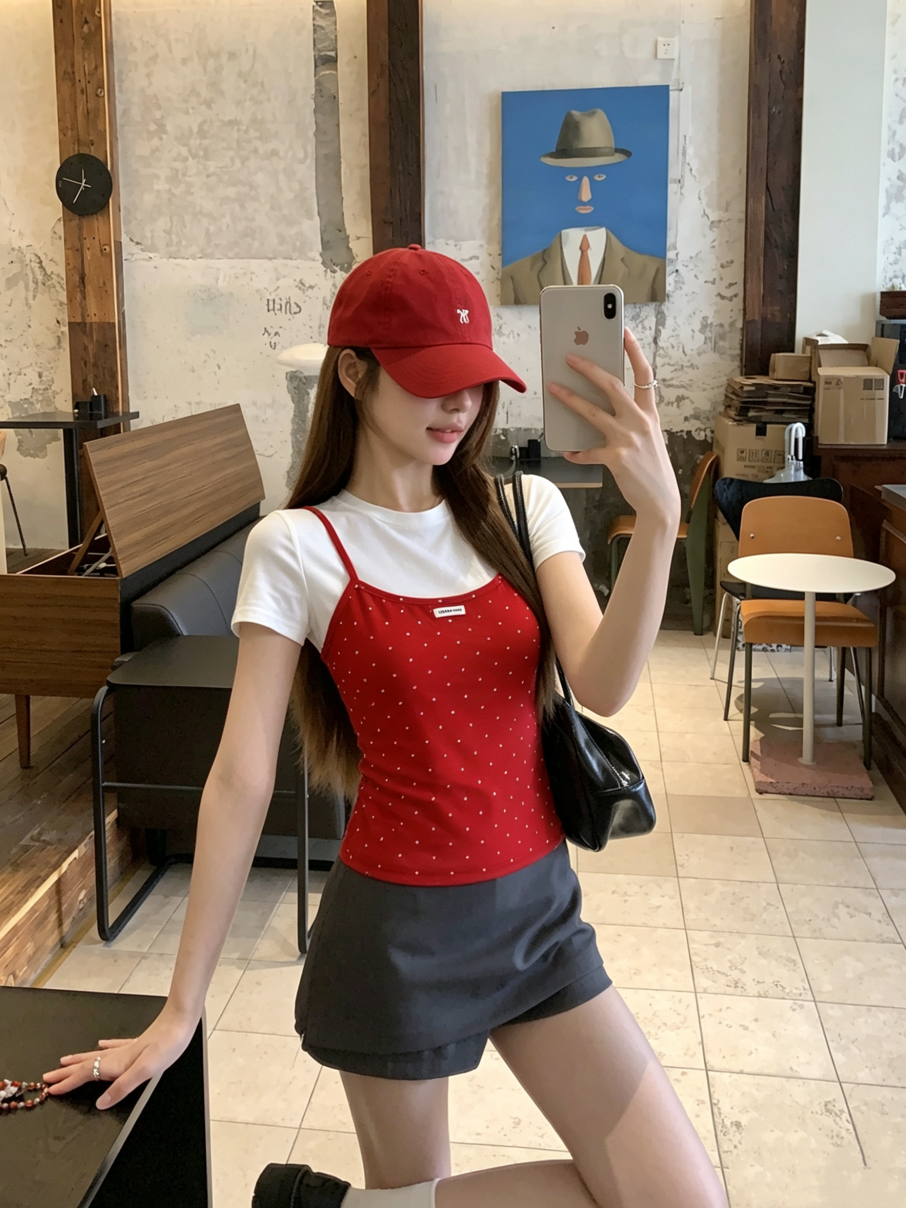 정가 실사 빨간색 페이크 레이어드 라운드 넥 긍정적 인 어깨 반팔 티셔츠 여름 한 부서 몸매 가꾸기 슬림해 보이는 디자인 센스 맨위