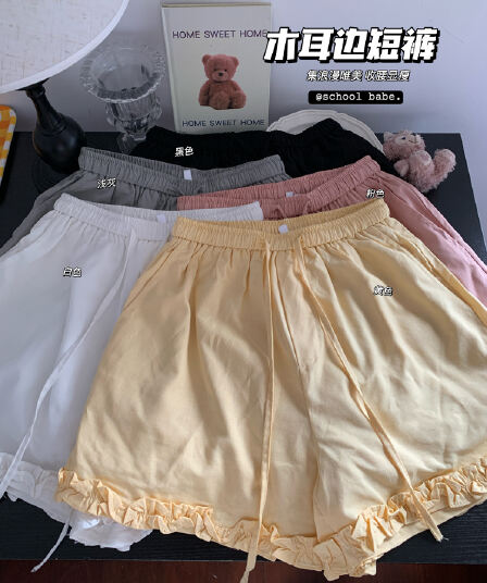 정가 실사 프랑스식 프릴 캐주얼 반바지 여성 여름 배 모양 몸 슬림해 보이는 다용도 느긋한 바람 와이드 레그 팬츠