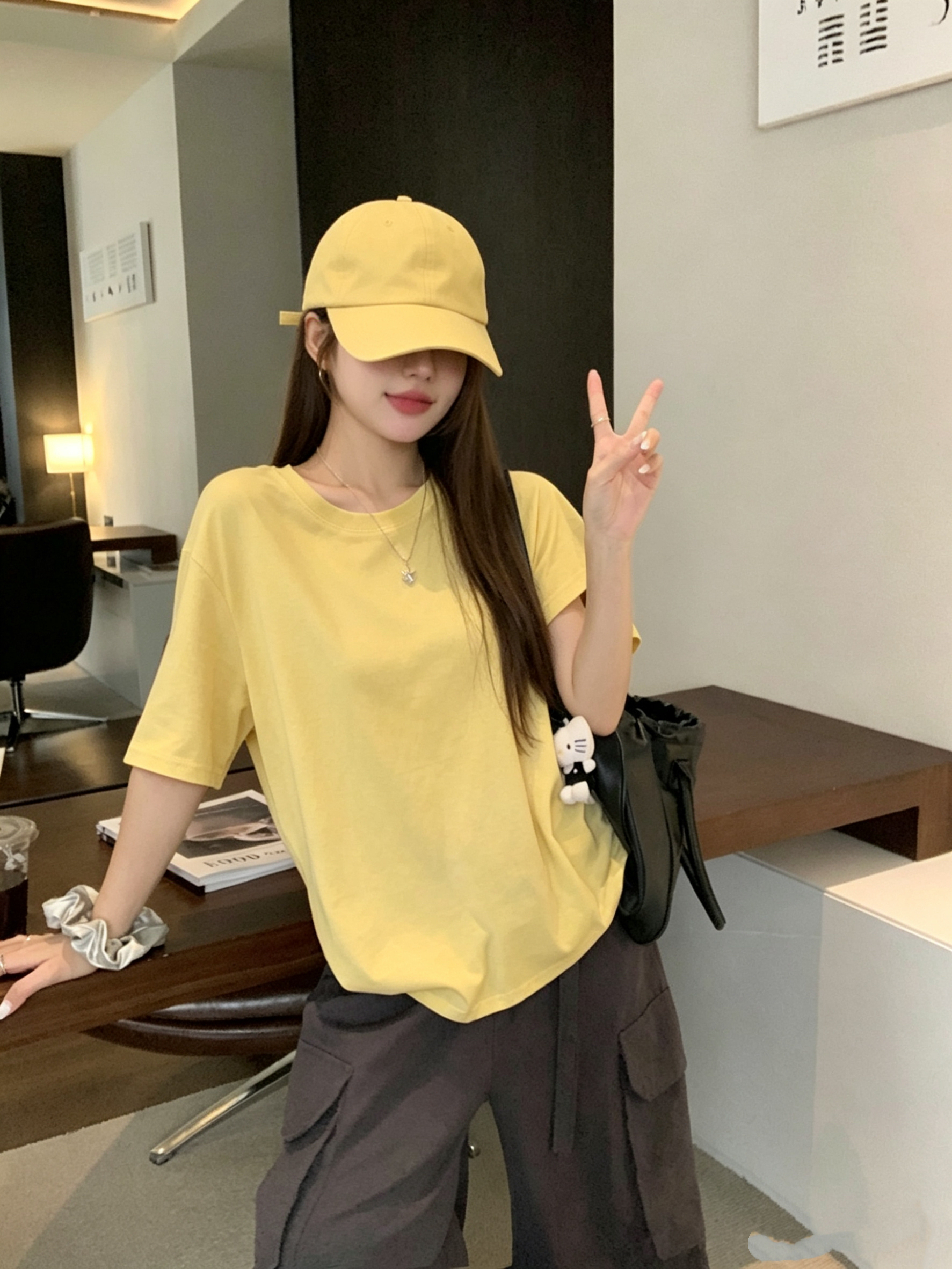정가 실사 익스트림 제인 바람 루즈핏 반팔 티셔츠 여성 한 부서 여름 학생 단색 라운드 넥 다용도 맨위 트렌디 ins