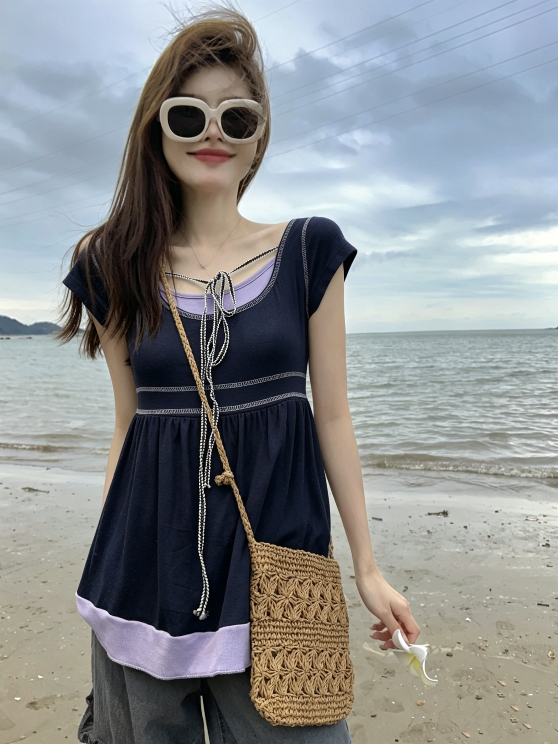 정가 실사 징하이 연기 보라색 출퇴근 페이크 레이어드 행침 목 반팔 맨위 여름 루즈핏 다용도 u 종류 티셔츠 여성