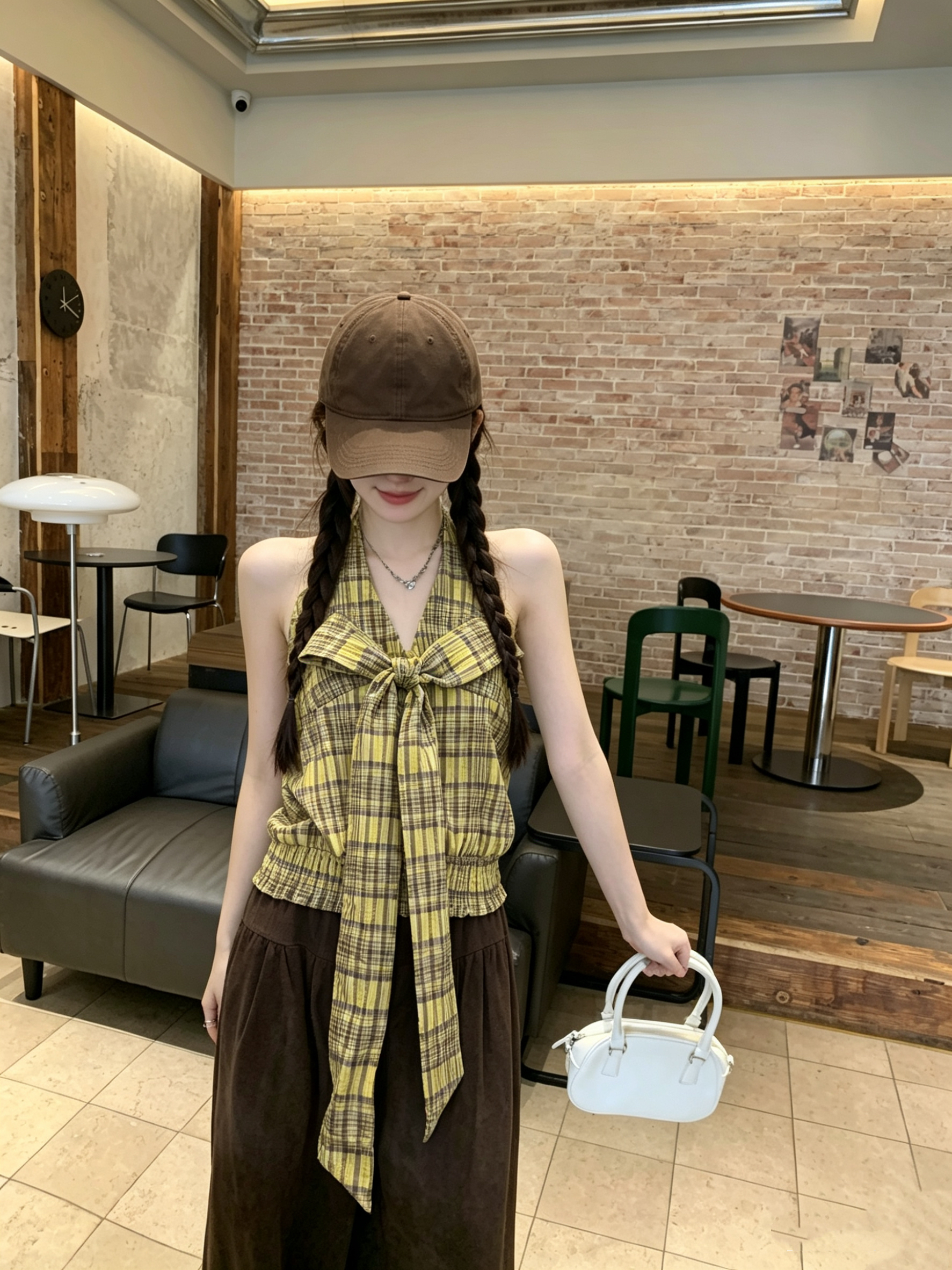 정가 실사 휴가 센스 체크무늬 대 나비 매듭 V넥 명중 가져 가라. 민소매 행침 목 슬립 맨위 여성