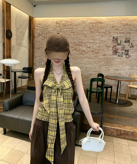 정가 실사 휴가 센스 체크무늬 대 나비 매듭 V넥 명중 가져 가라. 민소매 행침 목 슬립 맨위 여성