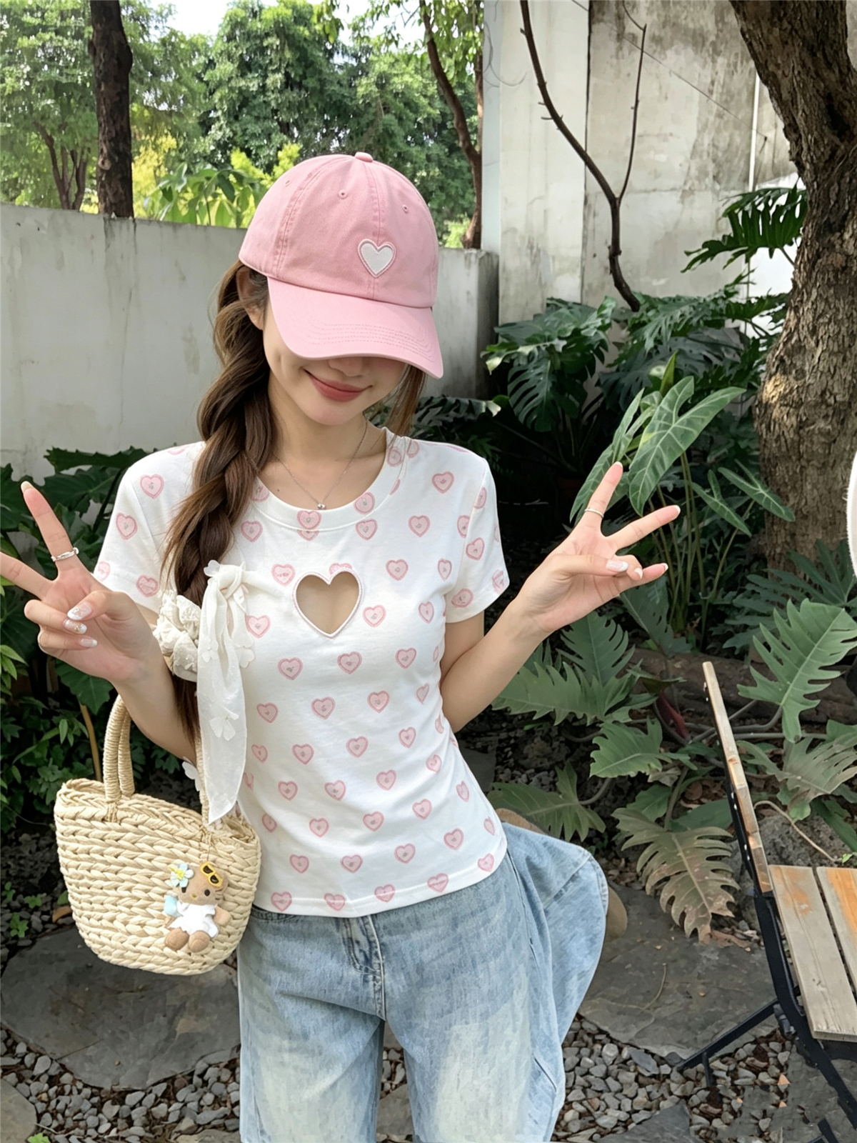 정가 실사 소녀 마음 달콤한 매운맛 바람 반팔 여성 여름 하트 홀로우 아웃 몸매 가꾸기 티셔츠 부드러운 순수한 욕망 맨위