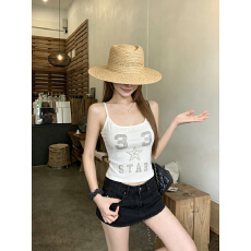 批发实价实拍美式复古烫钻工字背心吊带女新款高级独特<b class='q'>修身</b>显瘦上衣