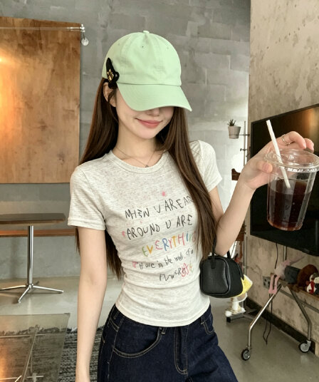 정가 실사 꽃 실 색상 프린트 반팔 티셔츠 마이크로 ~을 통해 의류 색상 알파벳 프린트 디자인 센스 쇼트 스타일