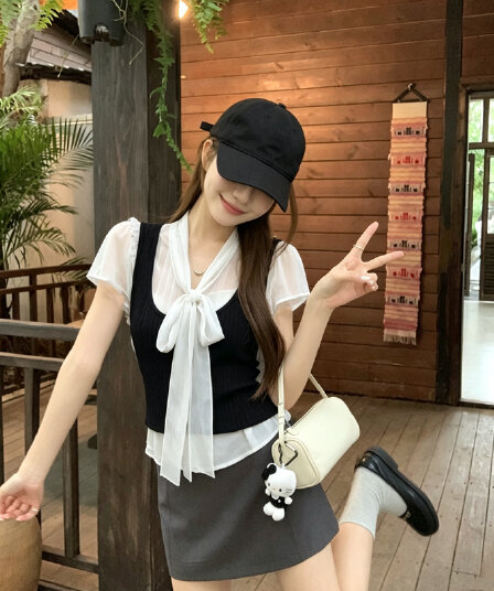 정가 실사 여름 부드러운 리본 나비 매듭 출퇴근 바람 허리 수축 슬림해 보이는 셔츠 투피스 조끼
