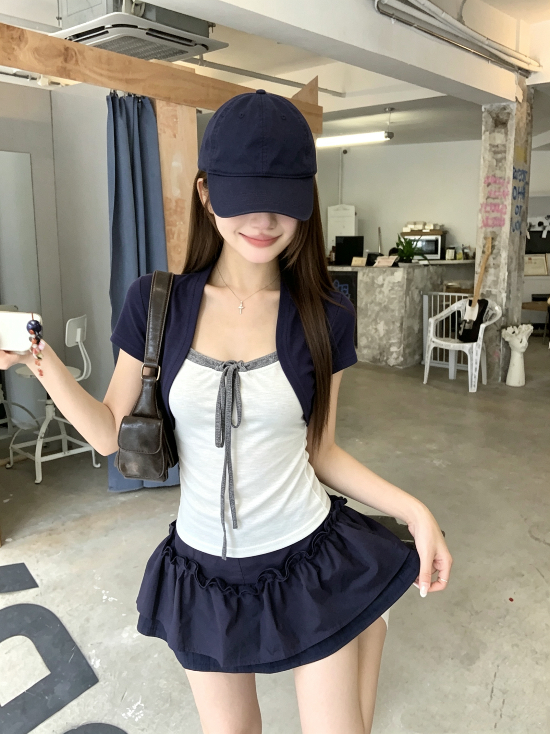 정가 실사 세 배색 패치워크 펌프 로프 행침 목 슬림해 보이는 티셔츠 디자인 센스 작은 대중 반팔 페이크 레이어드
