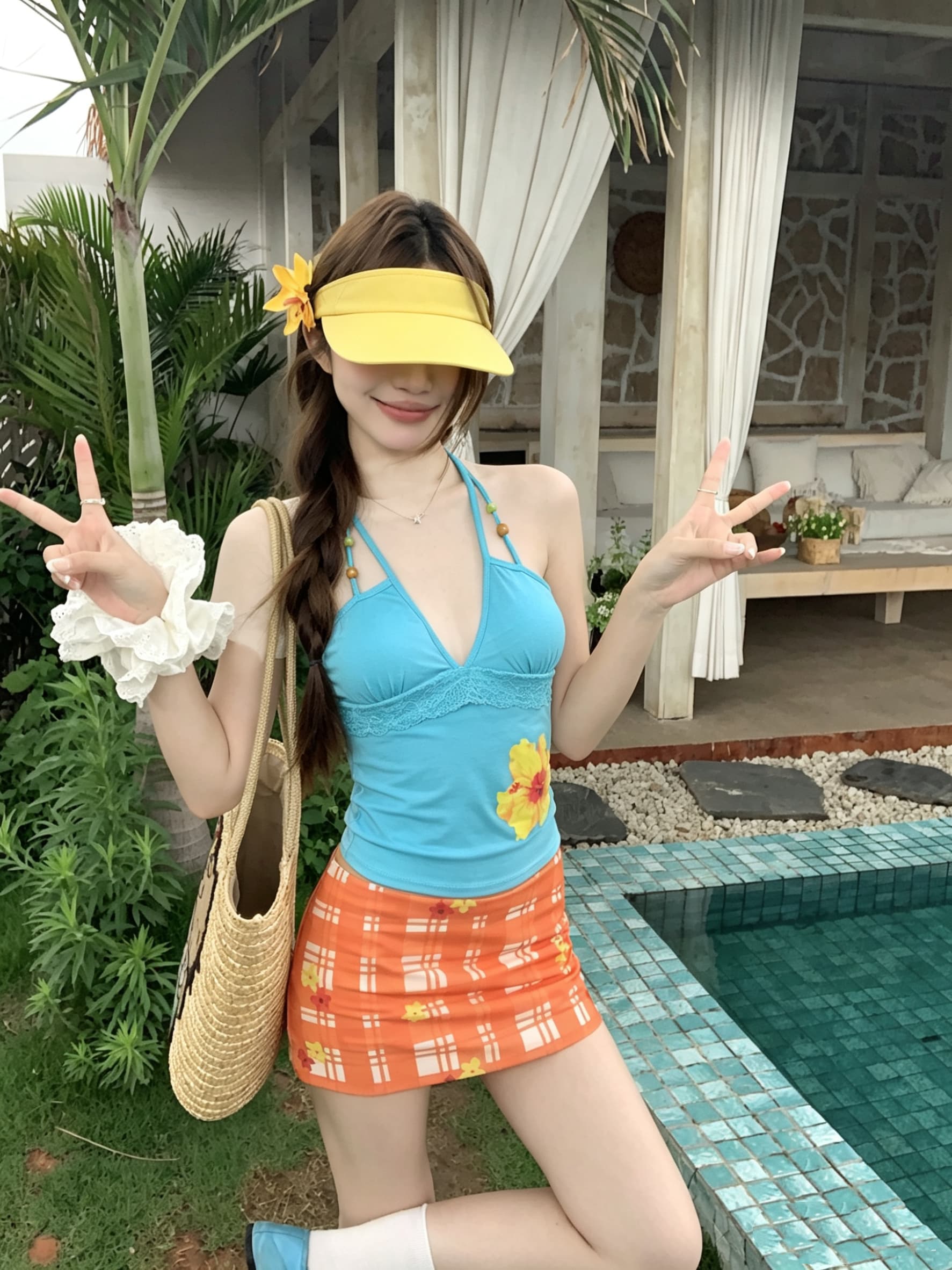 정가 실사 휴가 바람 주황색 프린트 V넥 행침 목 캐미솔 수 있습니다. 외출용 주황색 민소매 맨위 트렌디