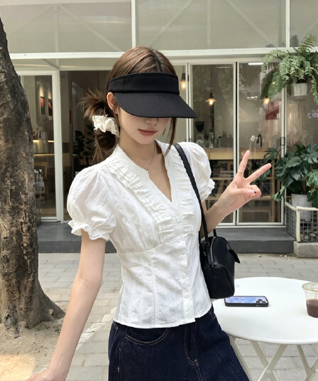 정가 실사 V넥 허리 수축 반팔 여성 셔츠 여름 프릴 작은 셔츠 거품 소매 달콤함 맨위
