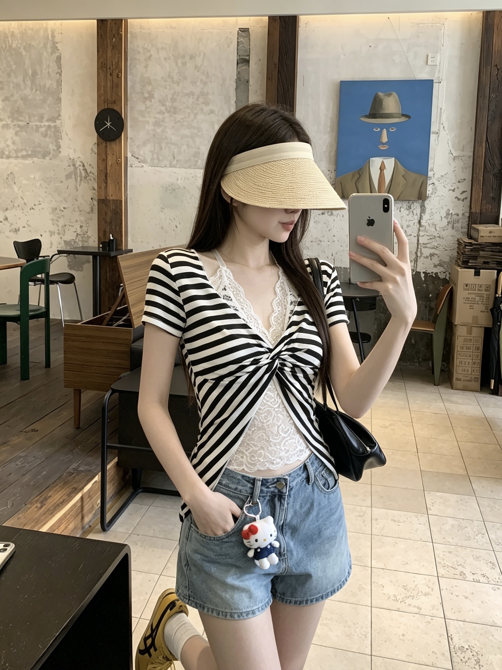 정가 실사 순수한 욕망 핫걸 패치워크 레이스 행침 목 반팔 티셔츠 여성 몸매 가꾸기 슬림해 보이는 페이크 레이어드 맨위 스트라이프