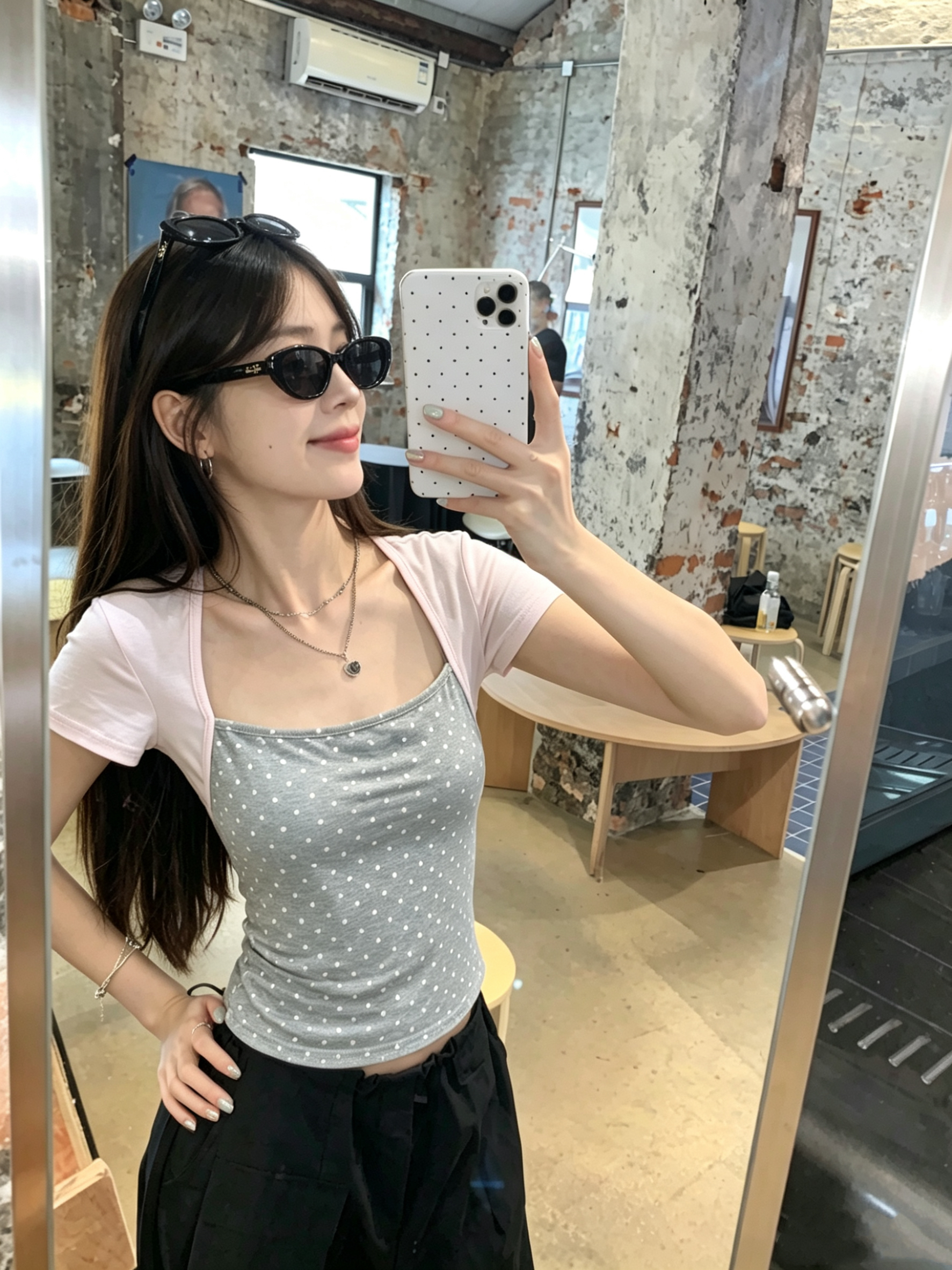 정가 실사 한 부서 페이크 레이어드 광장 칼라 도트 무늬 반팔 티셔츠 여성 여름 몸매 가꾸기 슬림해 보이는 핫걸 순수한 욕망 맨위