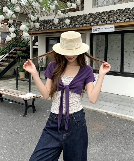정가 실사 보라색 bm 바람 한 부서 스트랩 블라우스 오픈 가디건 꽃무늬 슬립 투피스 세트 티셔츠 반팔 맨위 여름
