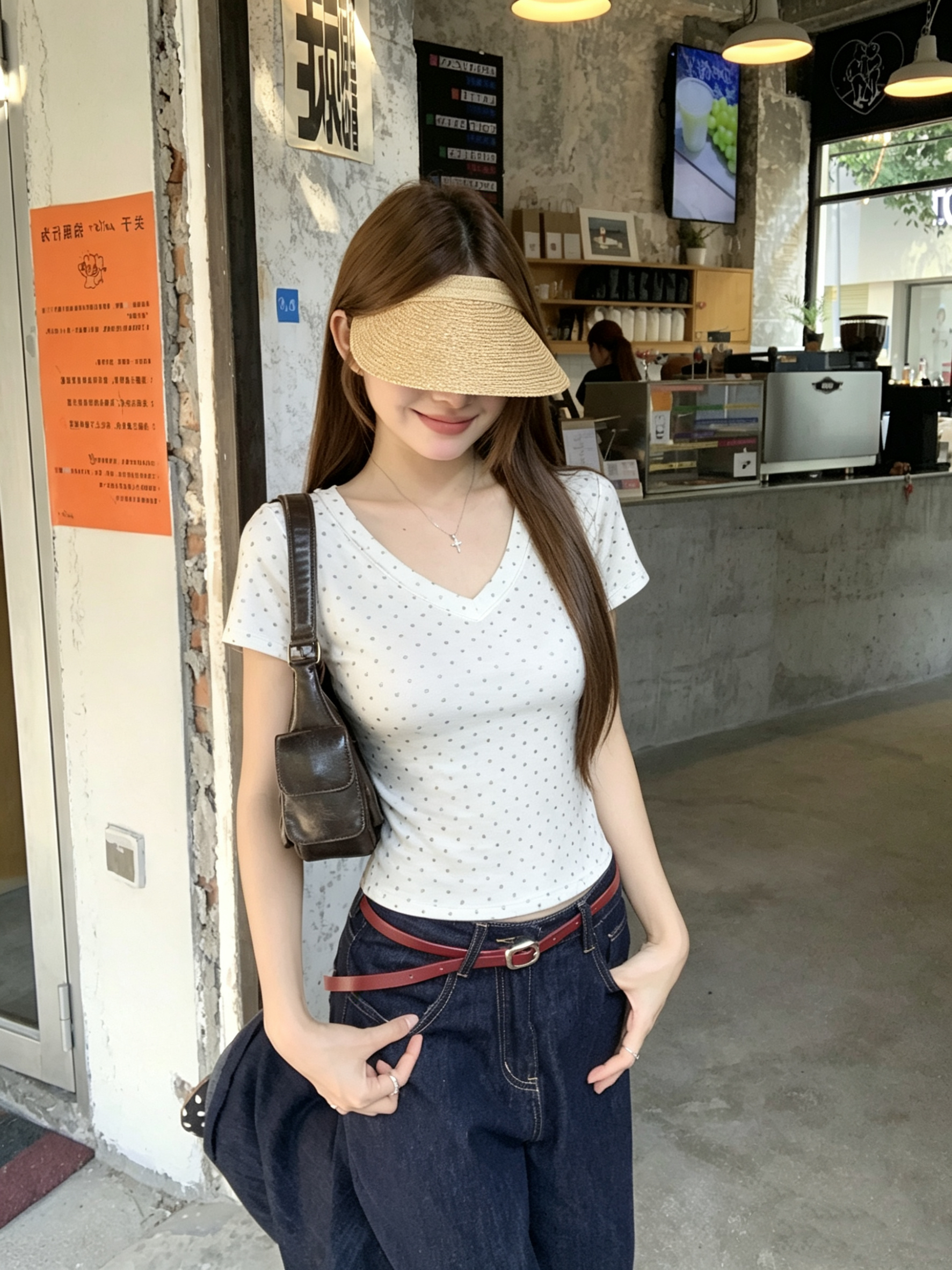 정가 실사 아메리칸 레트로 디자인 센스 V넥 핫픽스 반팔 티셔츠 여성 여름 새로운 몸매 가꾸기 맨위
