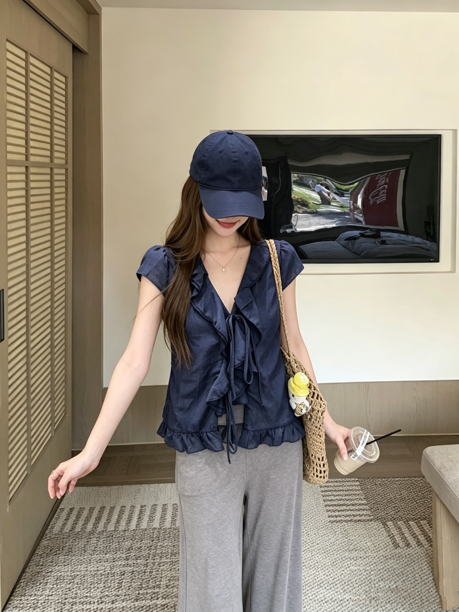 정가 실사 롱 아일랜드 아이스 티 프릴 블루 색상 V넥 여성 셔츠 여름 순수한 욕망 허리 수축 슬림해 보이는 맨위