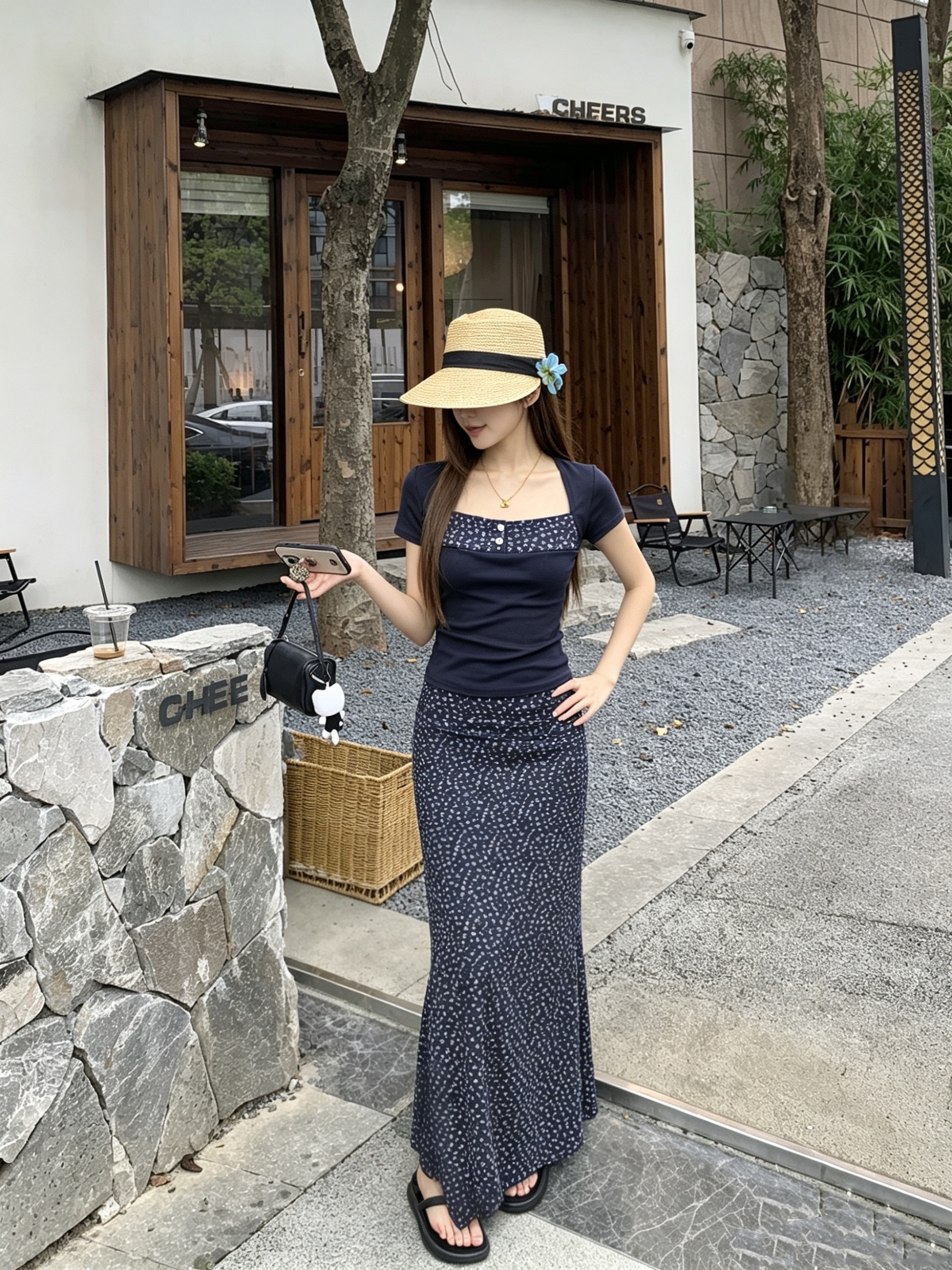 정가 실사 광장 칼라 패치워크 꽃무늬 반팔 티셔츠 여성 여름 새로운 프린트 맨위 꽃무늬 반신 치마 세트
