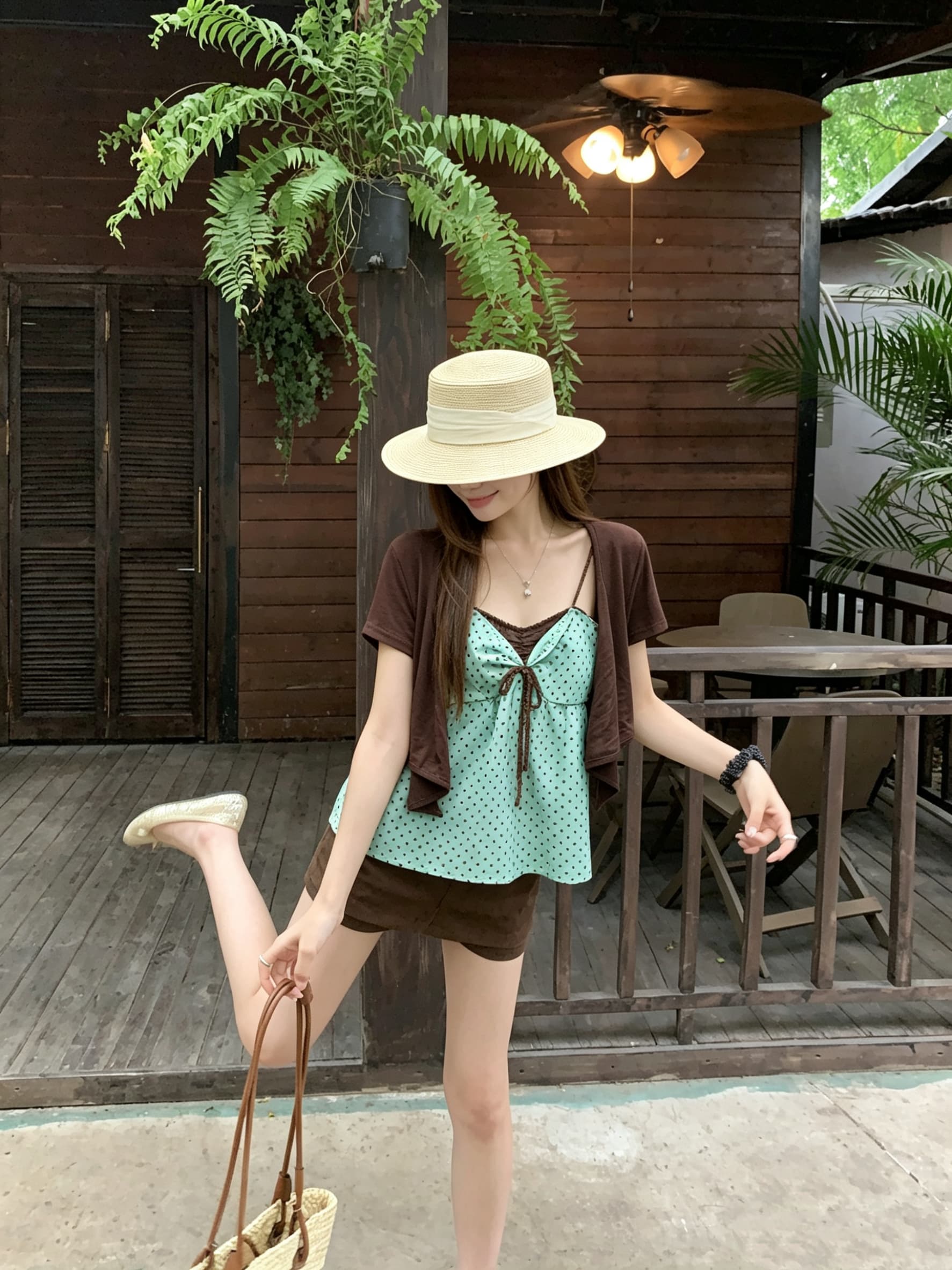 정가 실사 한 부서 도트 무늬 슬립 스트랩 오픈 가디건 세트 여성 여름 민소매 슬림해 보이는 루즈핏 맨위