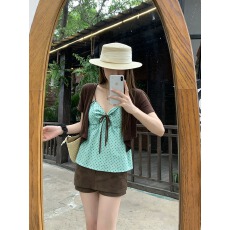 批发实价实拍韩系波点吊带绑带开衫套装女夏季无袖显瘦<b class='q'>宽松</b>上衣