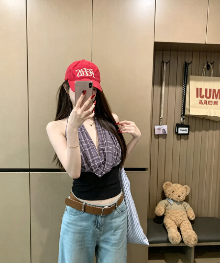 정가 실사 체크무늬 배색 행침 목 캐미솔 여성 의류 흔들다 칼라 오프숄더 몸매 가꾸기 핫걸 품격 맨위