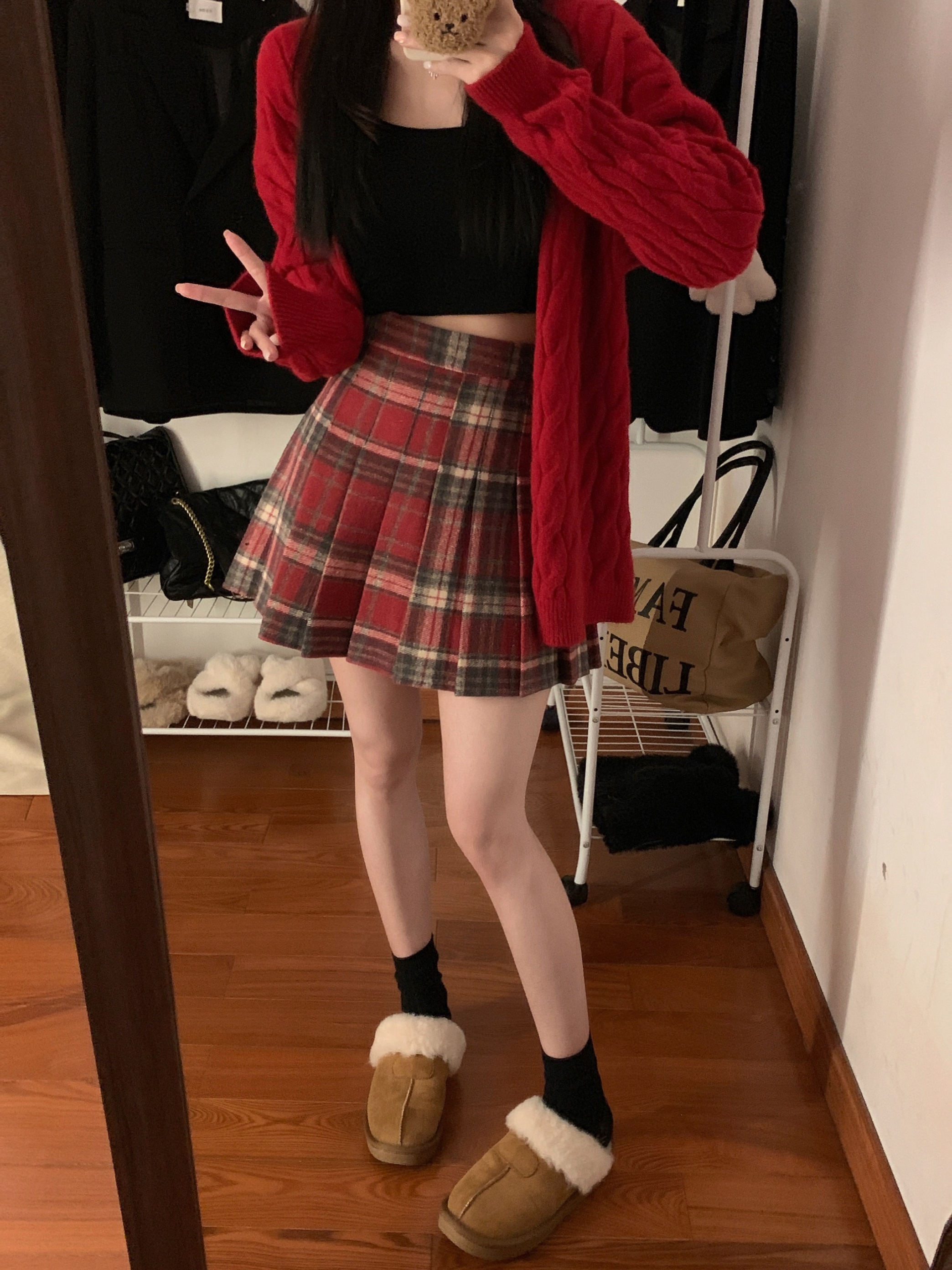 BY36721# 红色复古学院风格子半身裙设计感百褶加厚毛呢短裙  服裝批發女裝批發服飾貨源