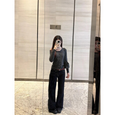 批发<b class='q'>牛仔裤</b>女秋季爆款低腰修身显瘦简约复古风字母刺绣百搭微喇拖地裤