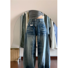 批发美式高个子口袋<b class='q'>镶钻</b>折痕直筒<b class='q'>牛仔裤</b>女2025秋季新款做旧薄款阔腿裤