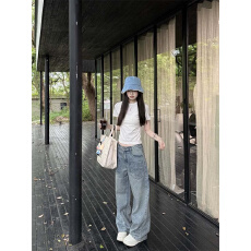批发大码高个子口袋刺绣磨白<b class='q'>镶钻</b>宽松<b class='q'>牛仔裤</b>女2025秋季新款薄款拖地裤