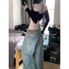 批发大码高个子口袋刺绣磨白浅色<b class='q'>镶钻</b><b class='q'>牛仔裤</b>女2025秋季新款宽松拖地裤