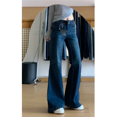 批发高个子加长千禧辣妹深蓝低腰牛仔<b class='q'>裤</b>女秋新款双扣修身显瘦微喇长<b class='q'>裤</b>