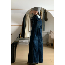 批发双排扣深蓝色低腰微喇牛仔<b class='q'>裤</b>2025秋季美式不贴腿休闲直筒<b class='q'>喇叭</b><b class='q'>裤</b>女