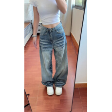 批发美式高街口袋<b class='q'>镶钻</b>折痕复古<b class='q'>牛仔裤</b>女秋季2025新款显瘦直筒阔腿长裤