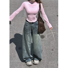 批发美式复古<b class='q'>烫钻</b>低腰弯刀<b class='q'>牛仔裤</b>女秋季新款宽松直筒阔腿拖地镰刀裤子