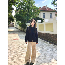 卡其色镰刀牛仔裤女秋冬新款美式复古拼接设计感宽松阔腿弯刀裤潮